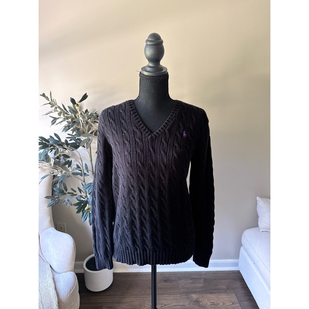 Ralph Lauren Black Cable Knit V-Neck Sweater Purple Pony Logo Large